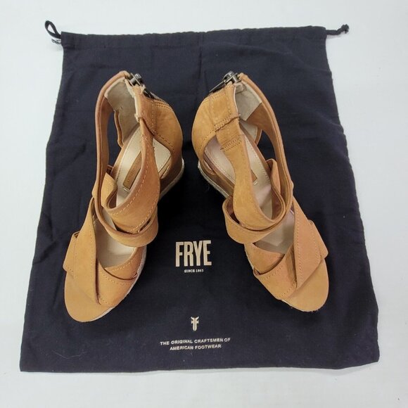 The Frye Company Shoes - Frye Roberta Strap Wedge Sandal Women 6 Tan Nubuck Criss-Cross Strap Jute Detail